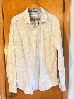 Thomas Sterling London New York Mens Long-Sleeve White Blue dots Dress Shirt L